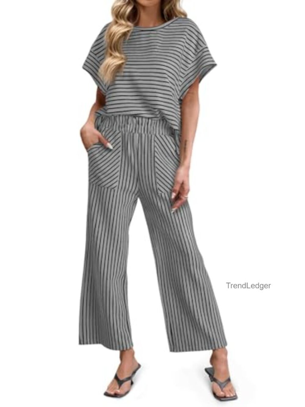 Striped Lounge Set Women's 2 Piece Outfit Batwing Sleeve Wide Leg Pants Pajama